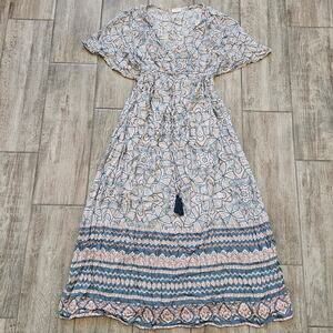 World Market Mira Kaftan Maxi Dress Women’s S/M Boho Rayon Tassel Summer Vaca